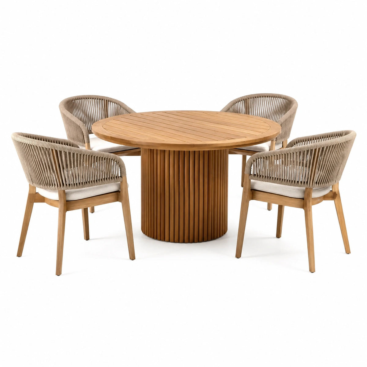 Set da pranzo in legno di teak con tavolo rotondo e 4 sedie