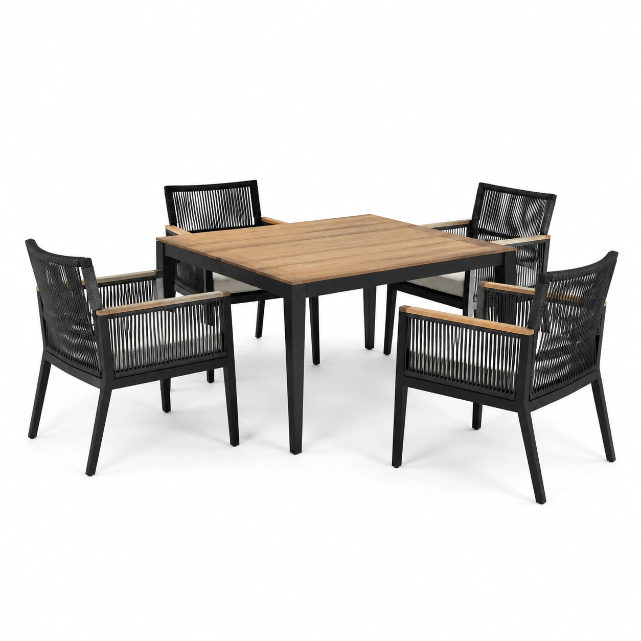 Set da pranzo da giardino con tavolo in legno di teak e sedie in alluminio e corda