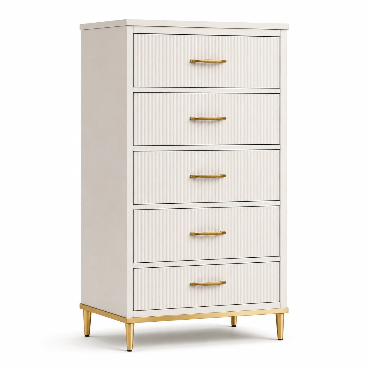 Cassettiera in Legno Bianco e Alluminio Dorato a 5 Cassetti