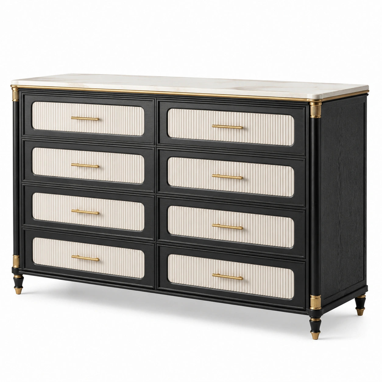 Cassettiera in Legno e Marmo di Carrara 8 Cassetti Nero e Oro