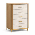 Cassettiera in legno con 5 cassetti beige e maniglie dorate