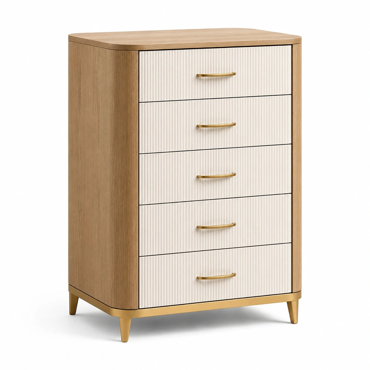 Cassettiera in legno con 5 cassetti beige e maniglie dorate