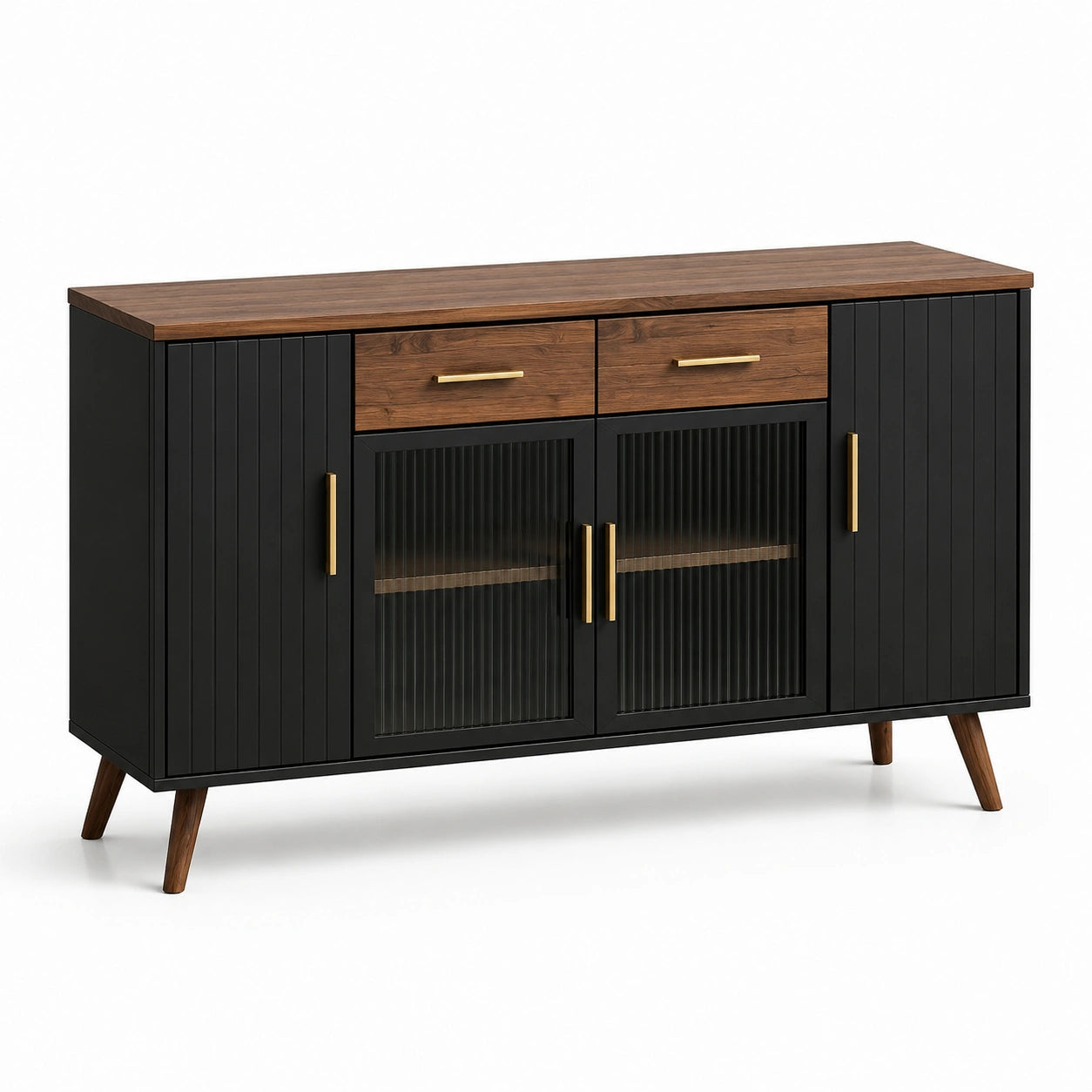 Credenza in Legno e Metallo Nero con Ante in Vetro Temperato Rigato 140x40x80 cm