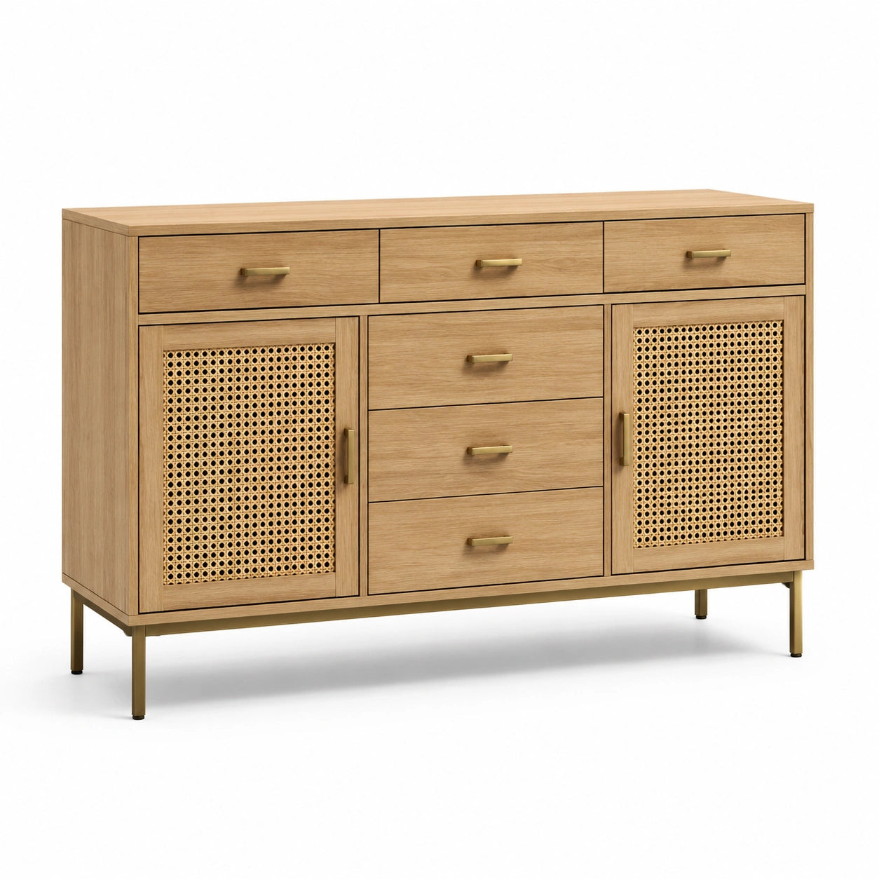 Credenza in Legno con Ante in Rattan e Cassetti 120x40x80 cm