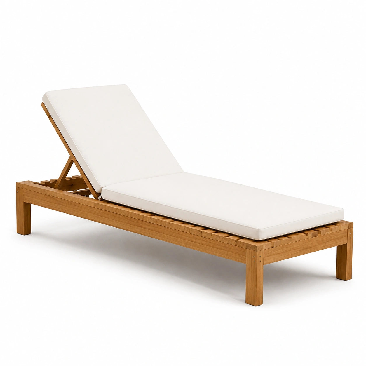 Lettino prendisole in legno di teak con cuscino bianco