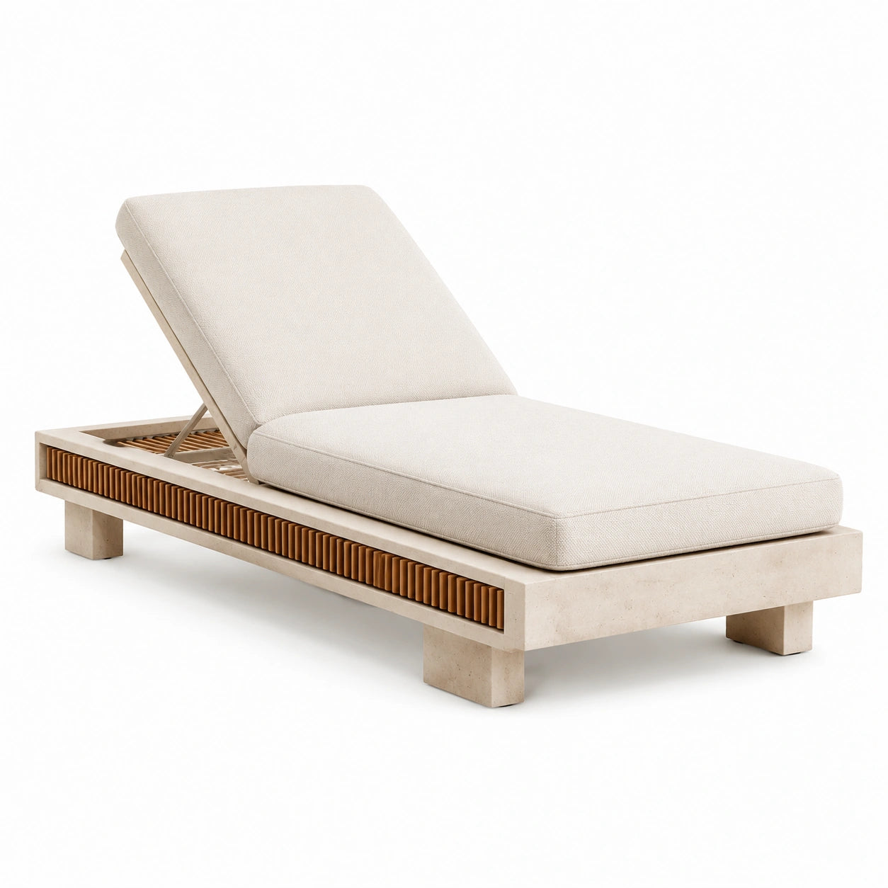 Lettino prendisole in legno e rattan con cuscini in tessuto crema