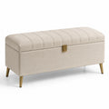 Cassapanca in tessuto beige con gambe in metallo dorato 120x40x45 cm