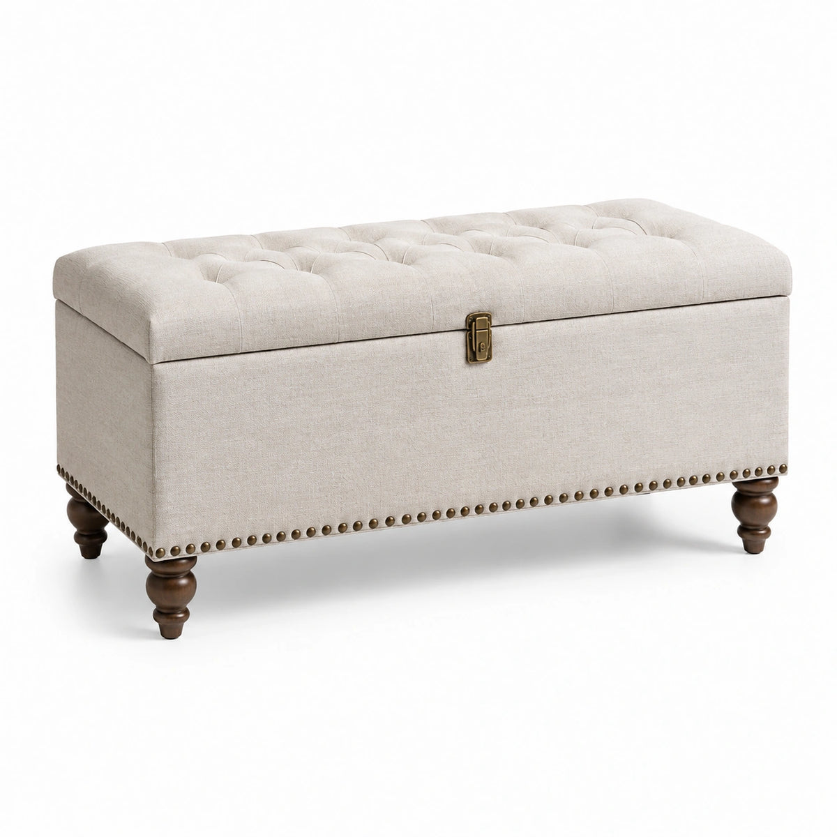 Panca contenitore in tessuto lino con piedini in legno massello beige