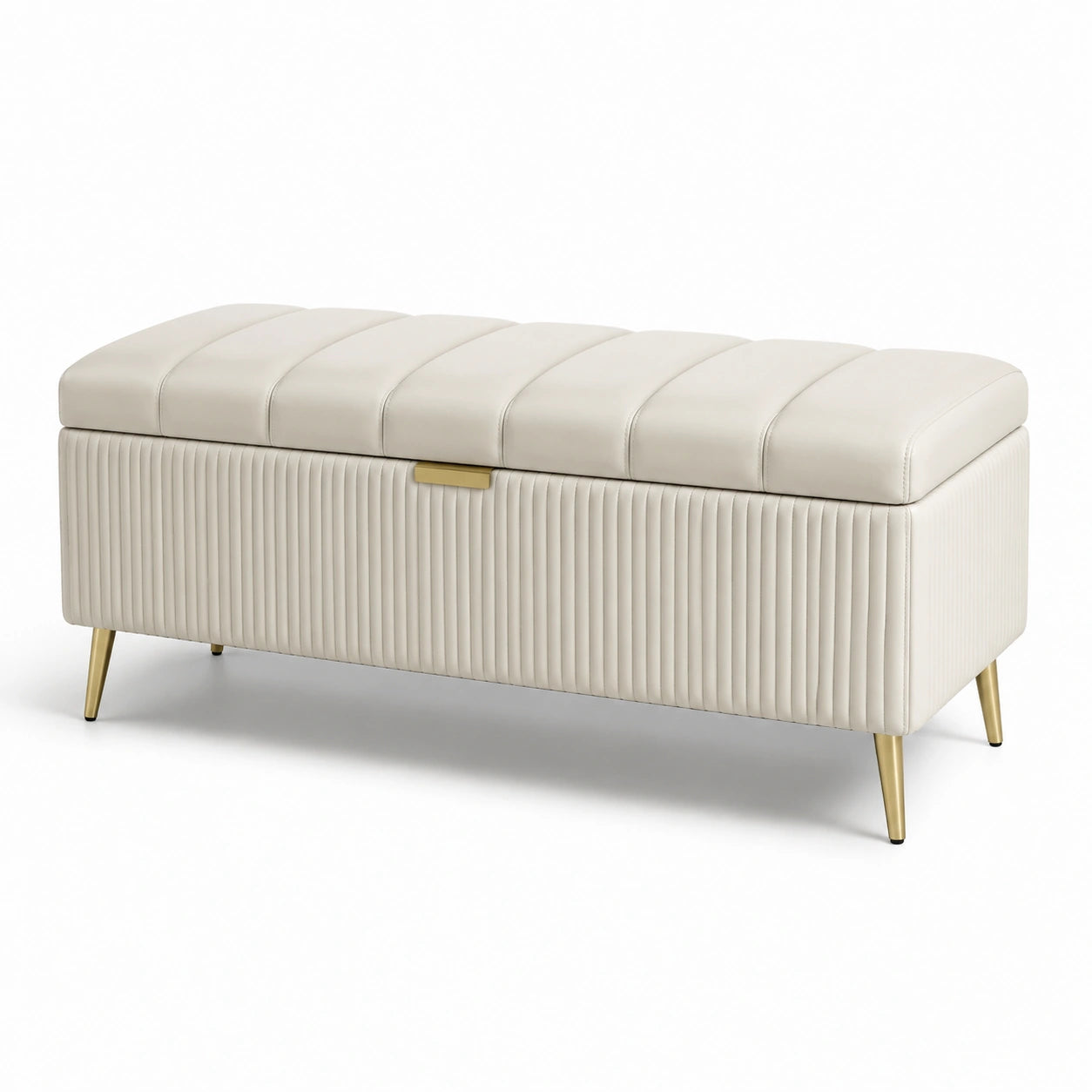 Panca in ecopelle beige con gambe in metallo dorato