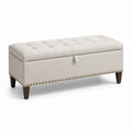 Panca contenitore in tessuto di lino con piedini in legno beige