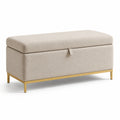 Panca contenitore in tessuto beige con gambe in metallo
