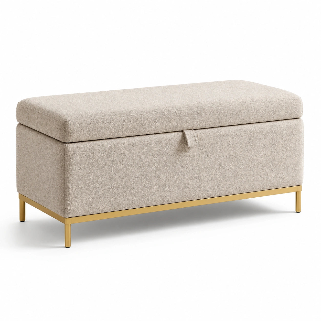 Panca contenitore in tessuto beige con gambe in metallo