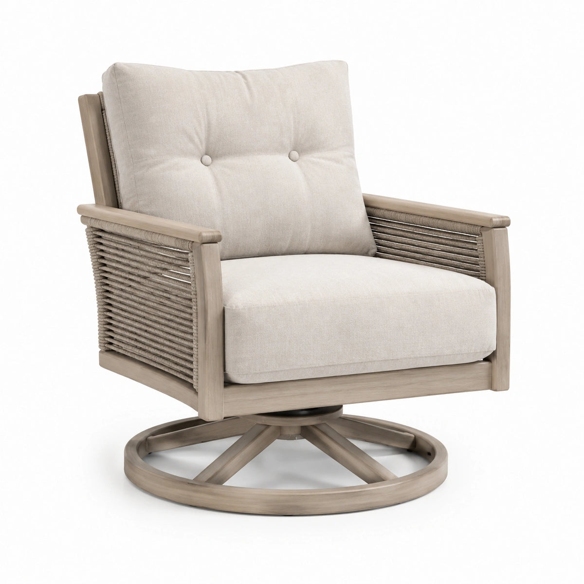 Poltrona girevole in legno e rattan con cuscini 75x80x95 cm beige