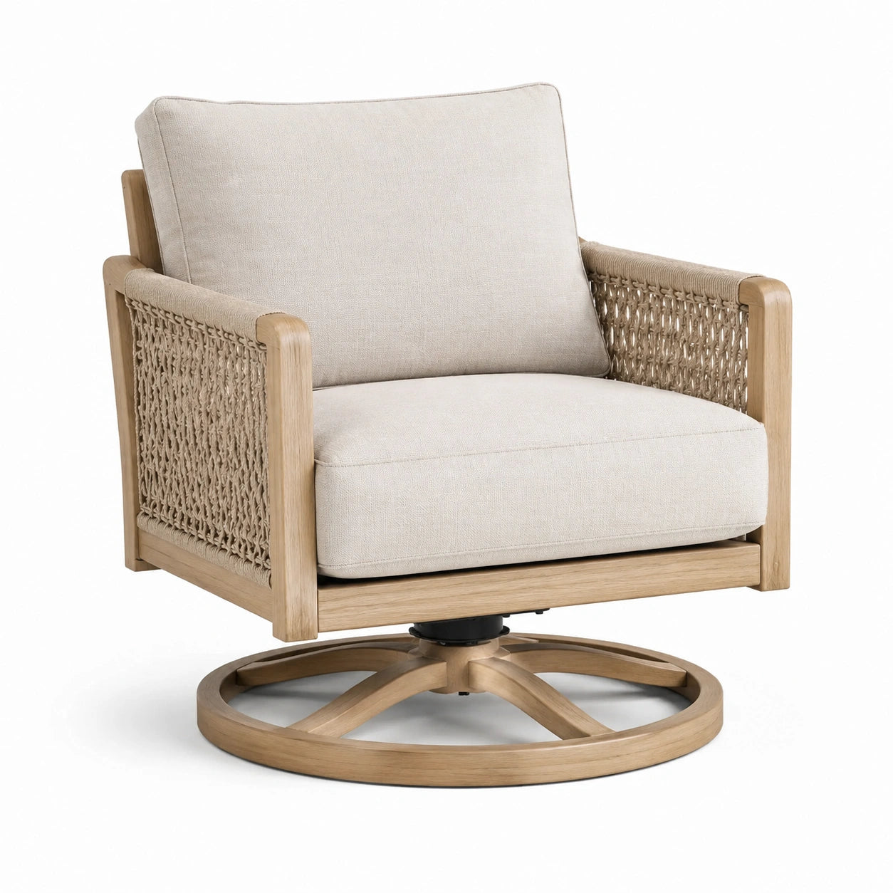 Poltrona girevole in legno e rattan naturale beige